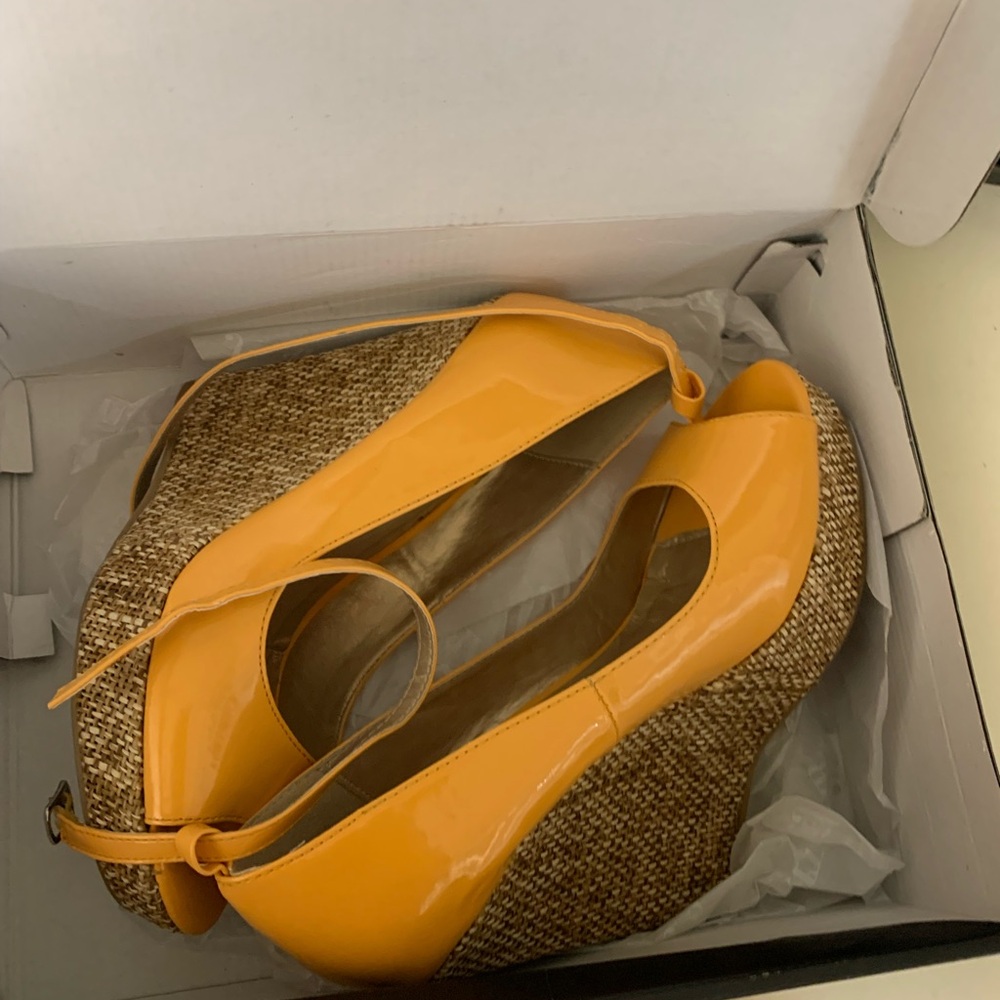 Yellow Patent Leather Wedge Sandals